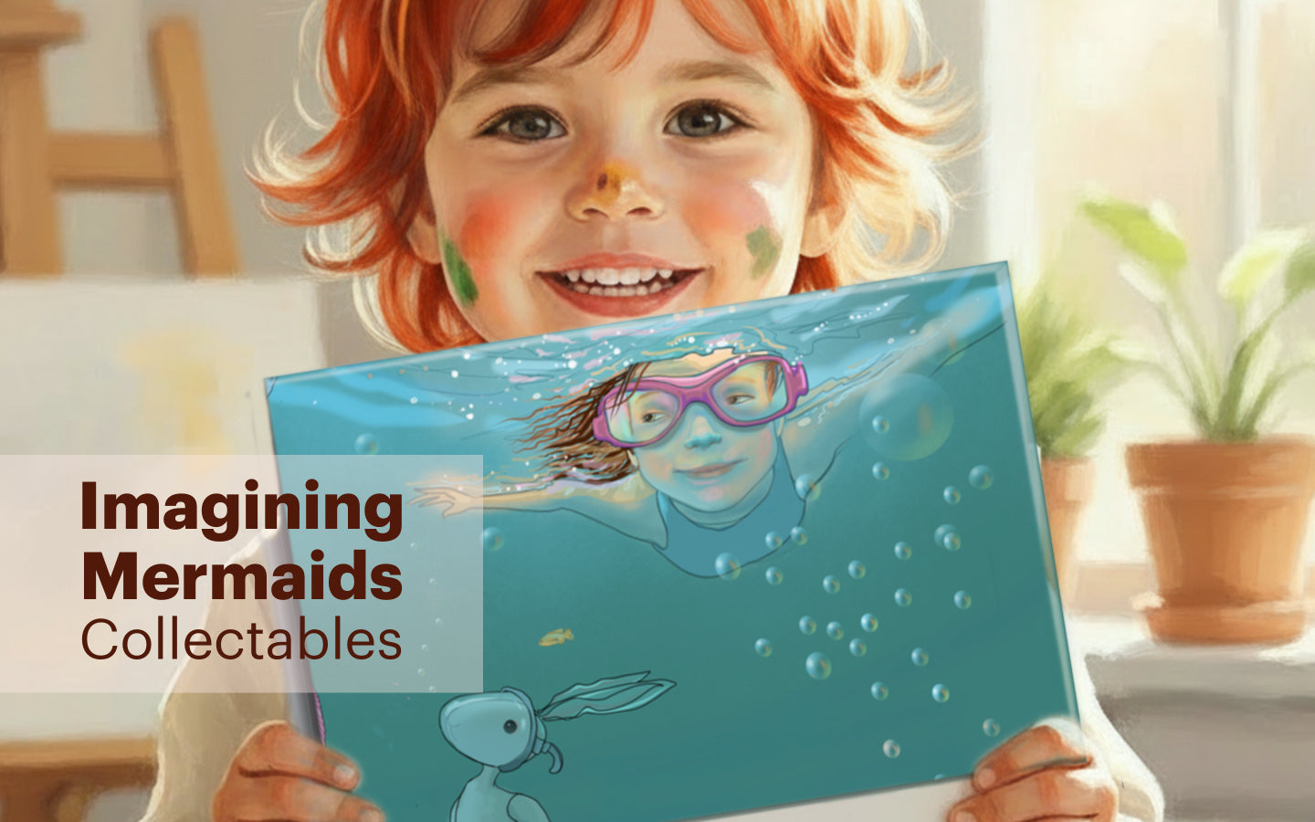 Child holding up Imagining Mermaids Ceramic art print — Imagining Mermaids Collectables lifestyle photo
