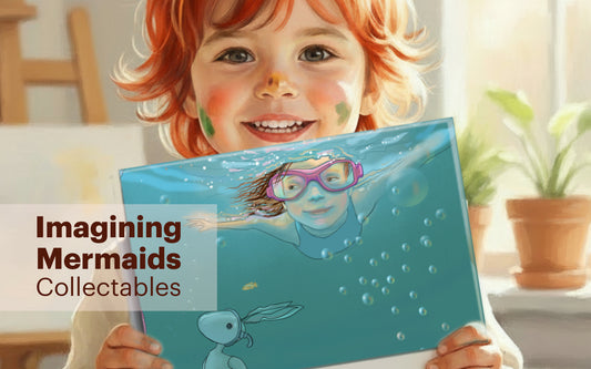 Child holding up Imagining Mermaids Ceramic art print — Imagining Mermaids Collectables lifestyle photo